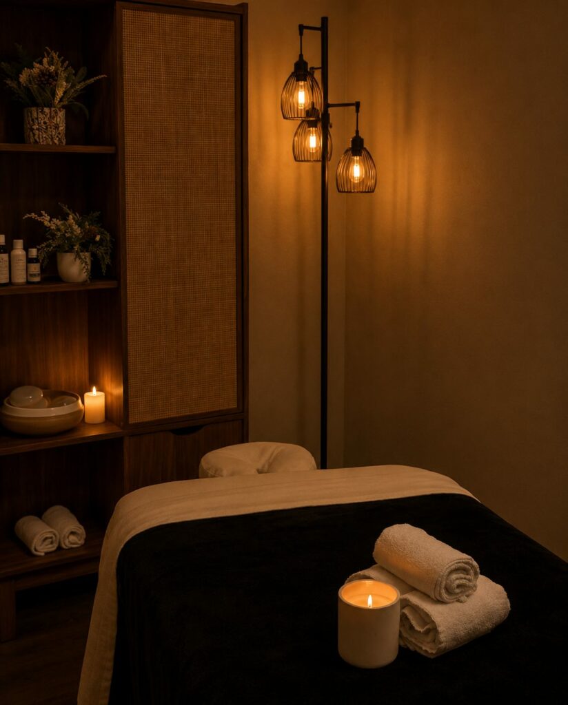 Table de massage avec serviettes roulées et chandelle dans la salle de massothérapie de Bé+ à Laval
